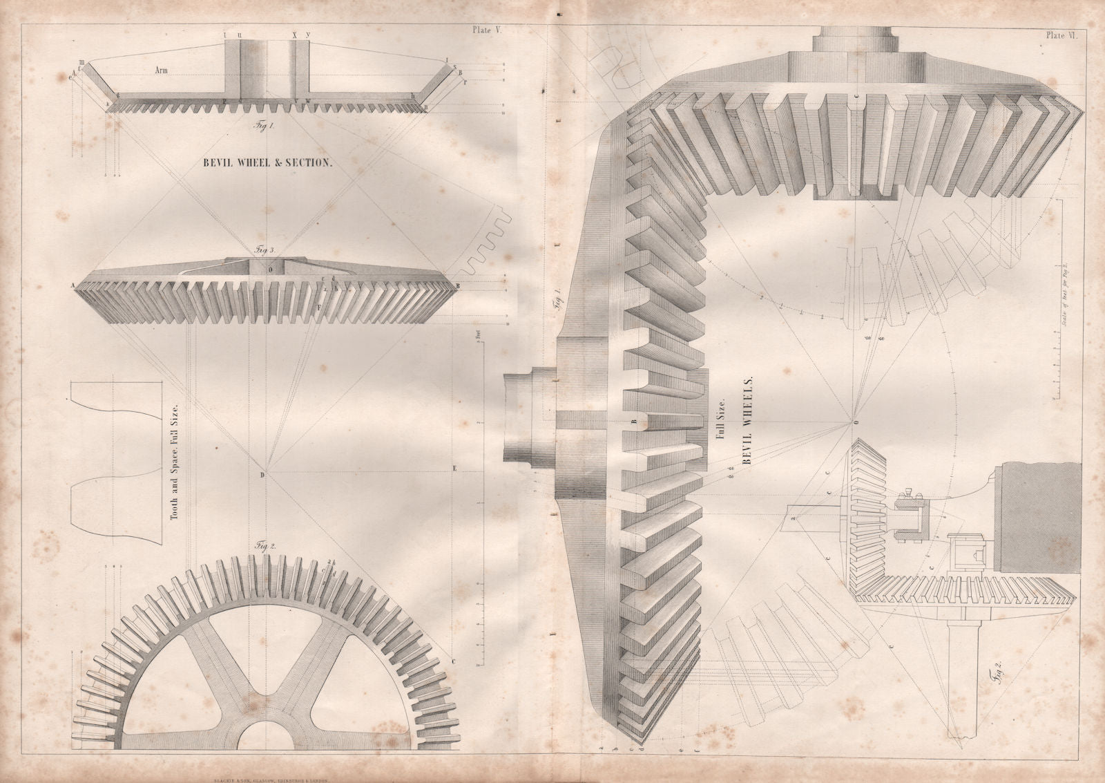 19C ENGINEERING DRAWING. Bevil wheel & section. tooth and space 1847 old print